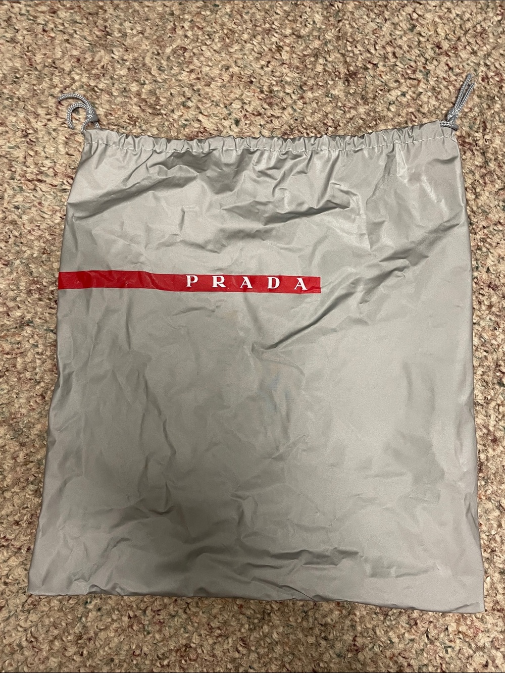 Prada Light Gray Drawstring Bag with Red Logo Stripe- shoe bag